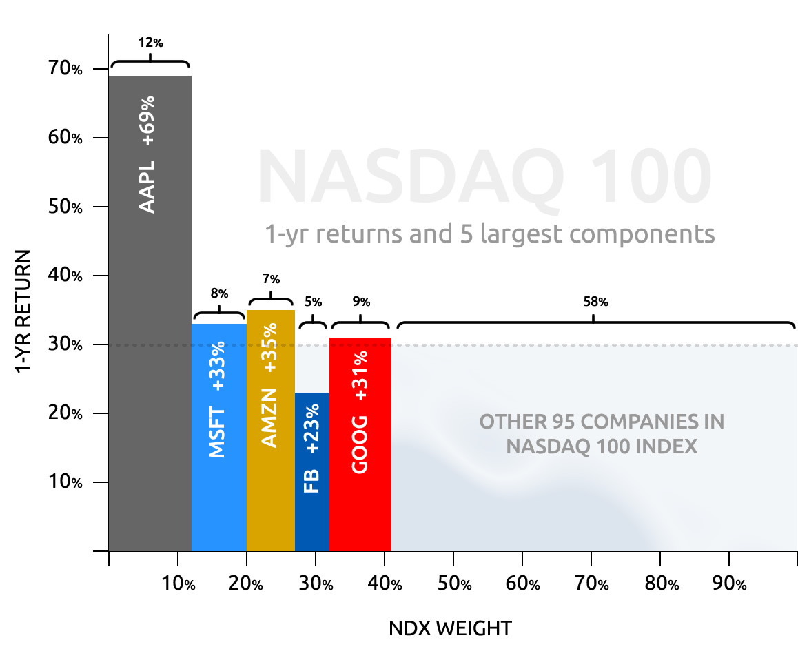 NASDAQ 100 1-yr returns and 5 largest components.